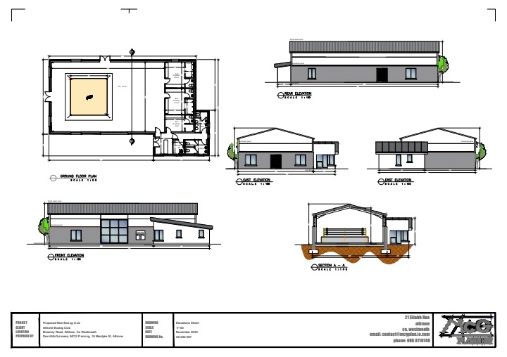Architectural drawings of the proposed boxing club building: ground floor plan with a central ring, front, rear and east elevations, and a cross section.